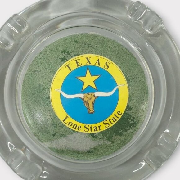 Texas Lone Star State Glass Ashtray Round 4 Slot Longhorn Souvenir Yellow Blue - Picture 3 of 11